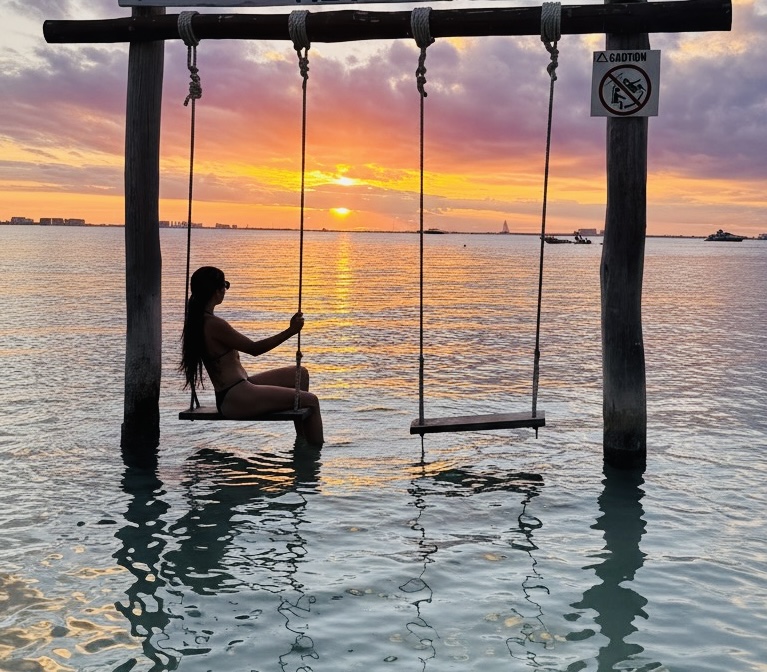 Sunset over ocean with swing